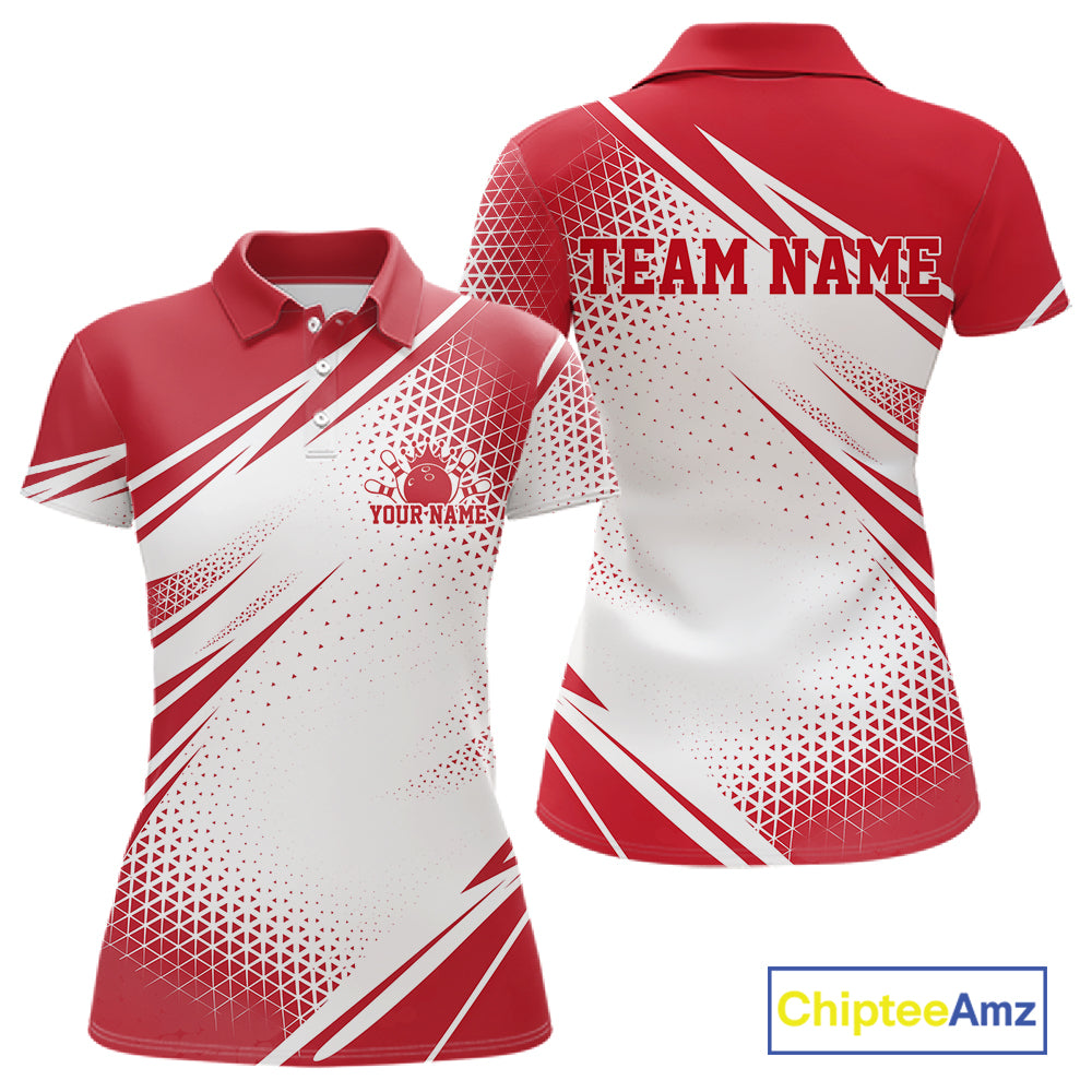 Custom White And Red Geometric Classic Retro Bowling League Women Polo Shirt For Team IPHW12064