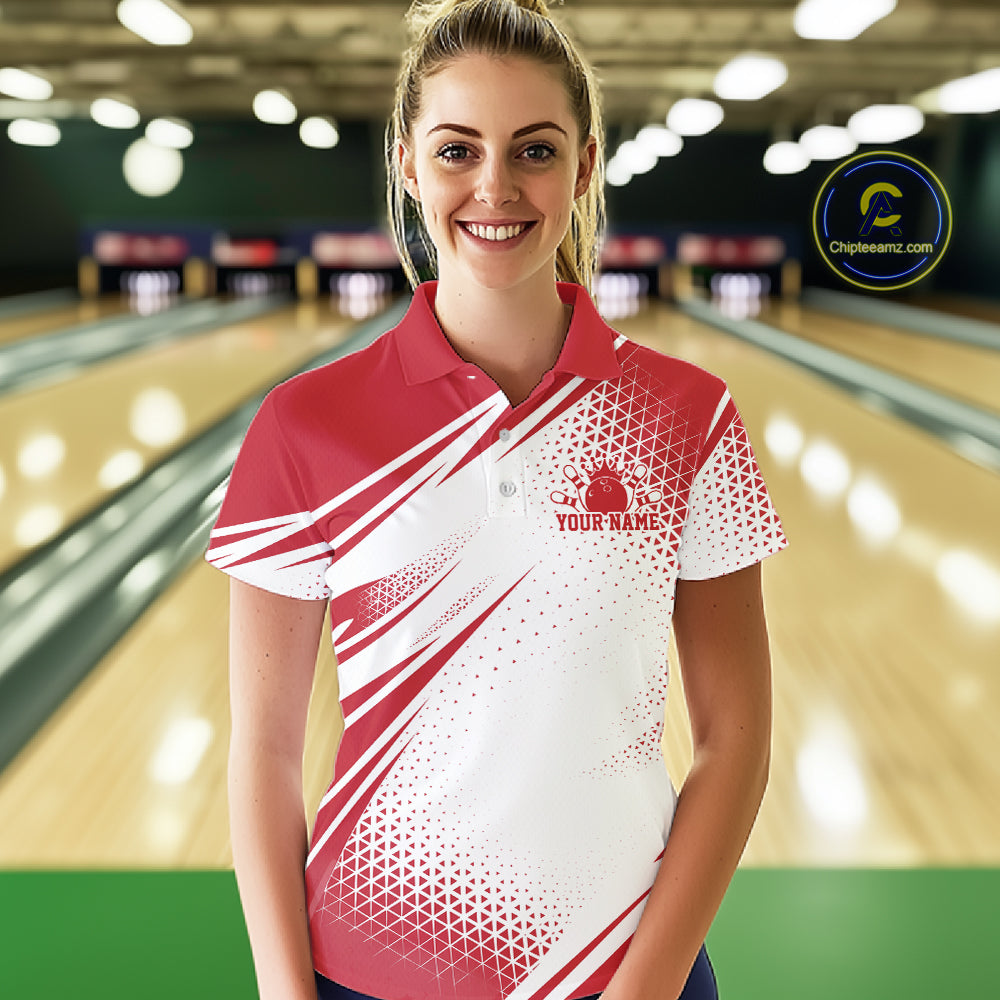 Custom White And Red Geometric Classic Retro Bowling League Women Polo Shirt For Team IPHW12064