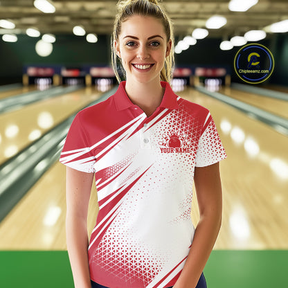 Custom White And Red Geometric Classic Retro Bowling League Women Polo Shirt For Team IPHW12064