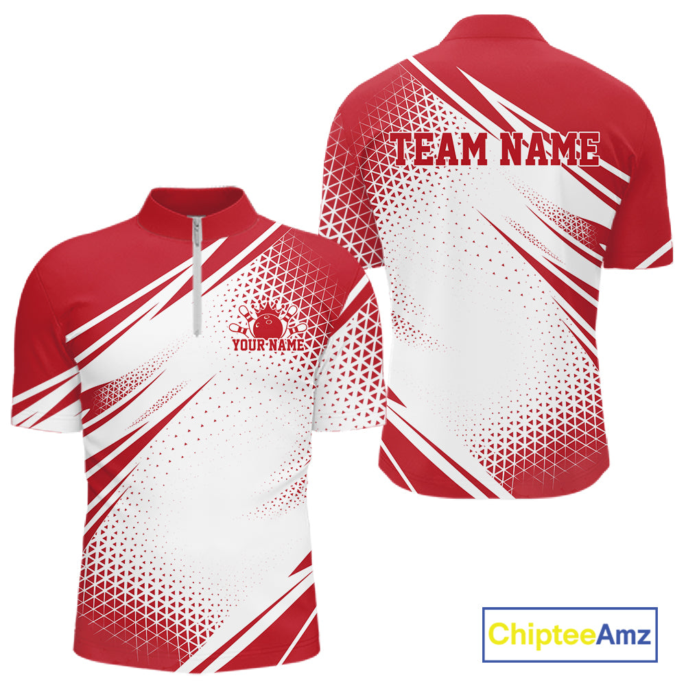 Custom White And Red Geometric Classic Retro Bowling League Men Quarter Zip Shirt For Team IPHW12064