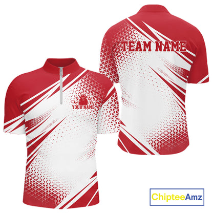 Custom White And Red Geometric Classic Retro Bowling League Men Quarter Zip Shirt For Team IPHW12064