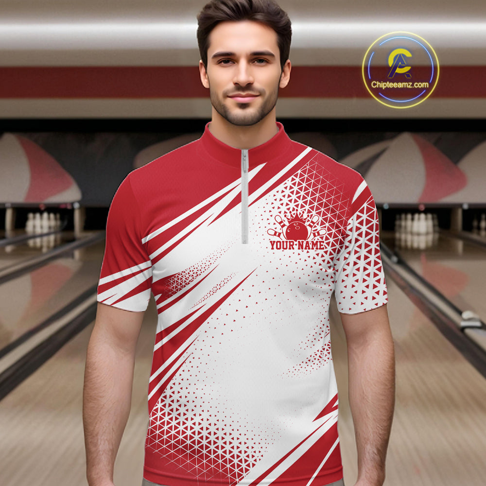 Custom White And Red Geometric Classic Retro Bowling League Men Quarter Zip Shirt For Team IPHW12064