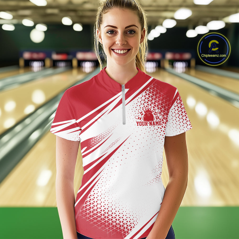 Custom Red Geometric Classic Retro Bowling League Women Quarter-Zip Shirt For Team IPHW12064