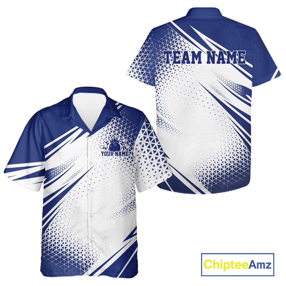 Custom White And Blue Geometric Classic Retro Bowling League Men And Women Button Up Shirt For Team IPHW12065