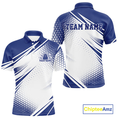 Custom White And Blue Geometric Classic Retro Bowling League Men Polo Shirt For Team IPHW12065