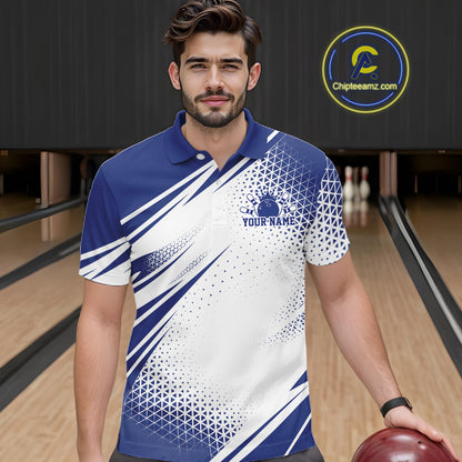 Custom White And Blue Geometric Classic Retro Bowling League Men Polo Shirt For Team IPHW12065