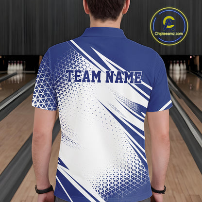 Custom White And Blue Geometric Classic Retro Bowling League Men Polo Shirt For Team IPHW12065