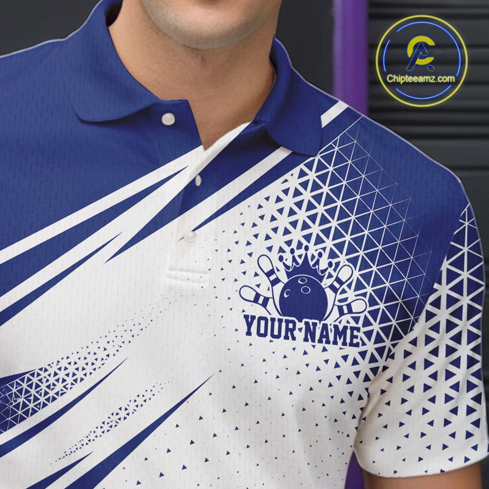 Custom White And Blue Geometric Classic Retro Bowling League Men Polo Shirt For Team IPHW12065
