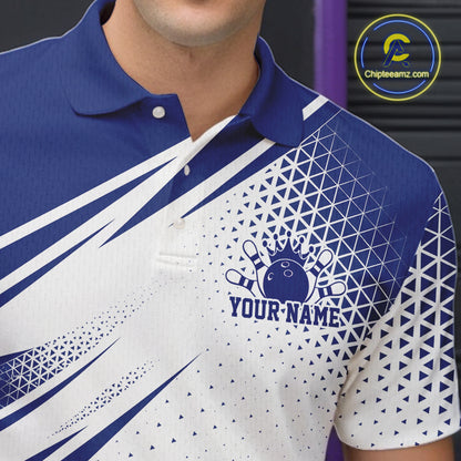 Custom White And Blue Geometric Classic Retro Bowling League Men Polo Shirt For Team IPHW12065