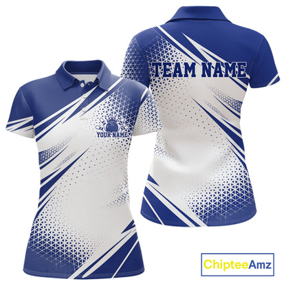 Custom White And Blue Geometric Classic Retro Bowling League Women Polo Shirt For Team IPHW12065