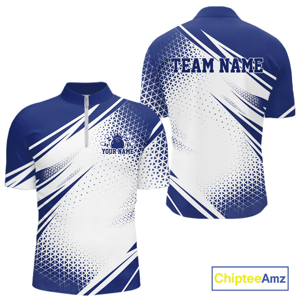 Custom White And Blue Geometric Classic Retro Bowling League Men Quarter Zip Shirt For Team IPHW12065