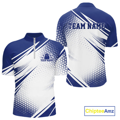 Custom White And Blue Geometric Classic Retro Bowling League Men Quarter Zip Shirt For Team IPHW12065