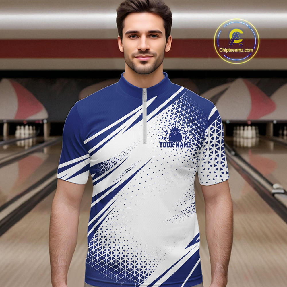 Custom White And Blue Geometric Classic Retro Bowling League Men Quarter Zip Shirt For Team IPHW12065