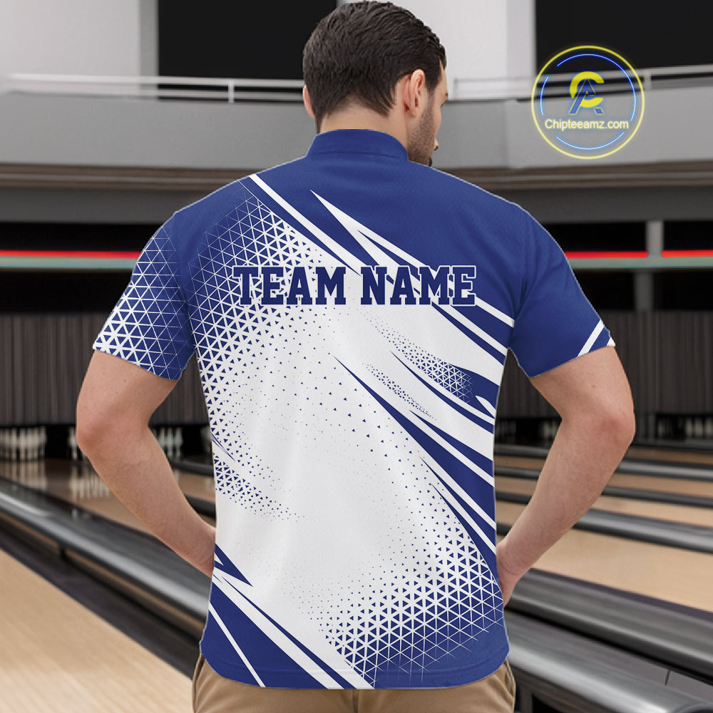 Custom White And Blue Geometric Classic Retro Bowling League Men Quarter Zip Shirt For Team IPHW12065
