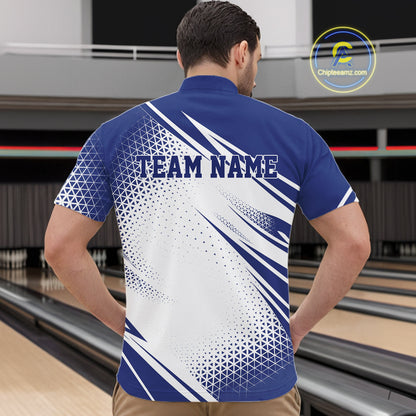 Custom White And Blue Geometric Classic Retro Bowling League Men Quarter Zip Shirt For Team IPHW12065