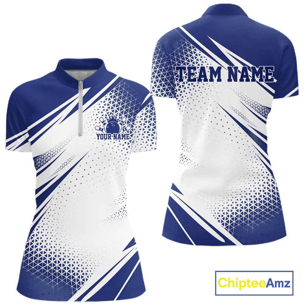 Custom Blue Geometric Classic Retro Bowling League Women Quarter-Zip Shirt For Team IPHW12065