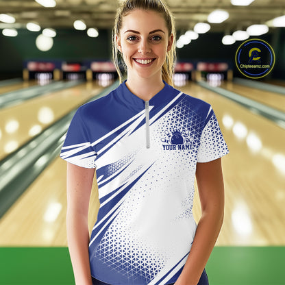 Custom Blue Geometric Classic Retro Bowling League Women Quarter-Zip Shirt For Team IPHW12065