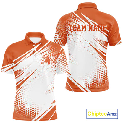 Custom White And Orange Geometric Classic Retro Bowling League Men Polo Shirt For Team IPHW12066