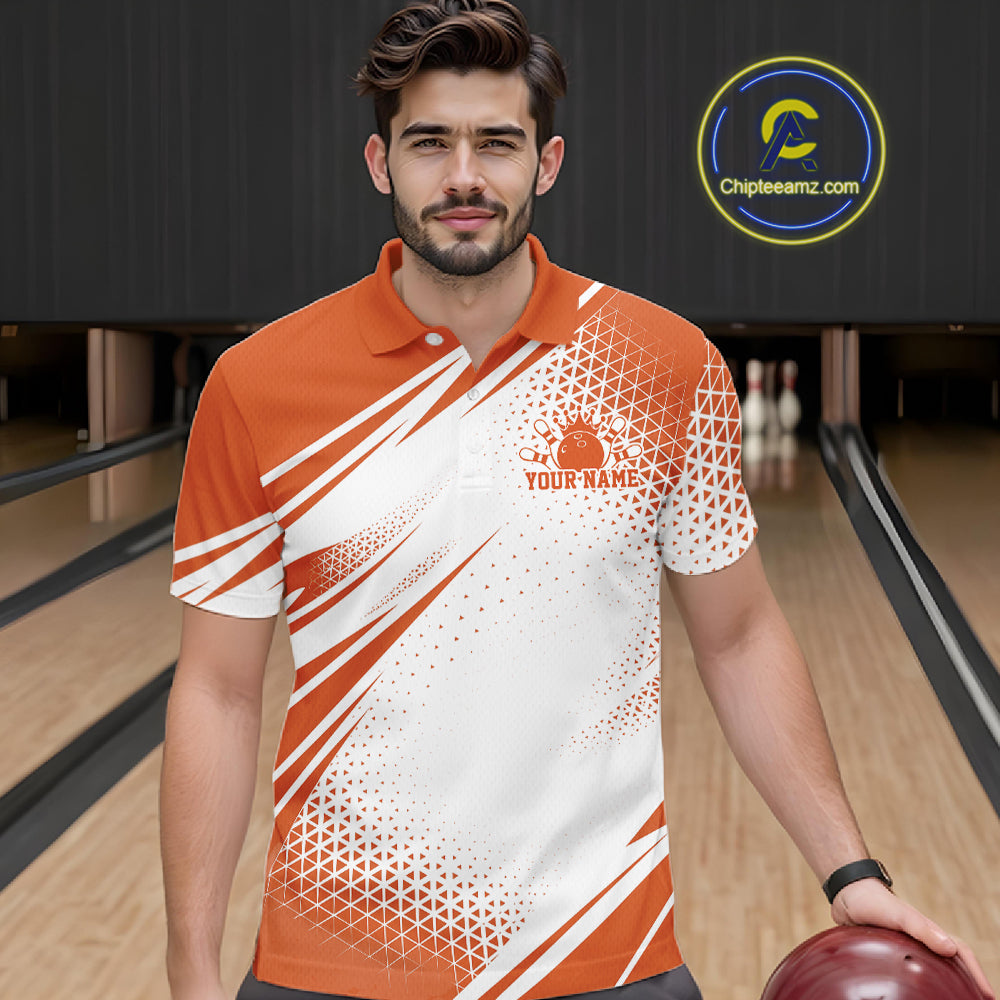 Custom White And Orange Geometric Classic Retro Bowling League Men Polo Shirt For Team IPHW12066
