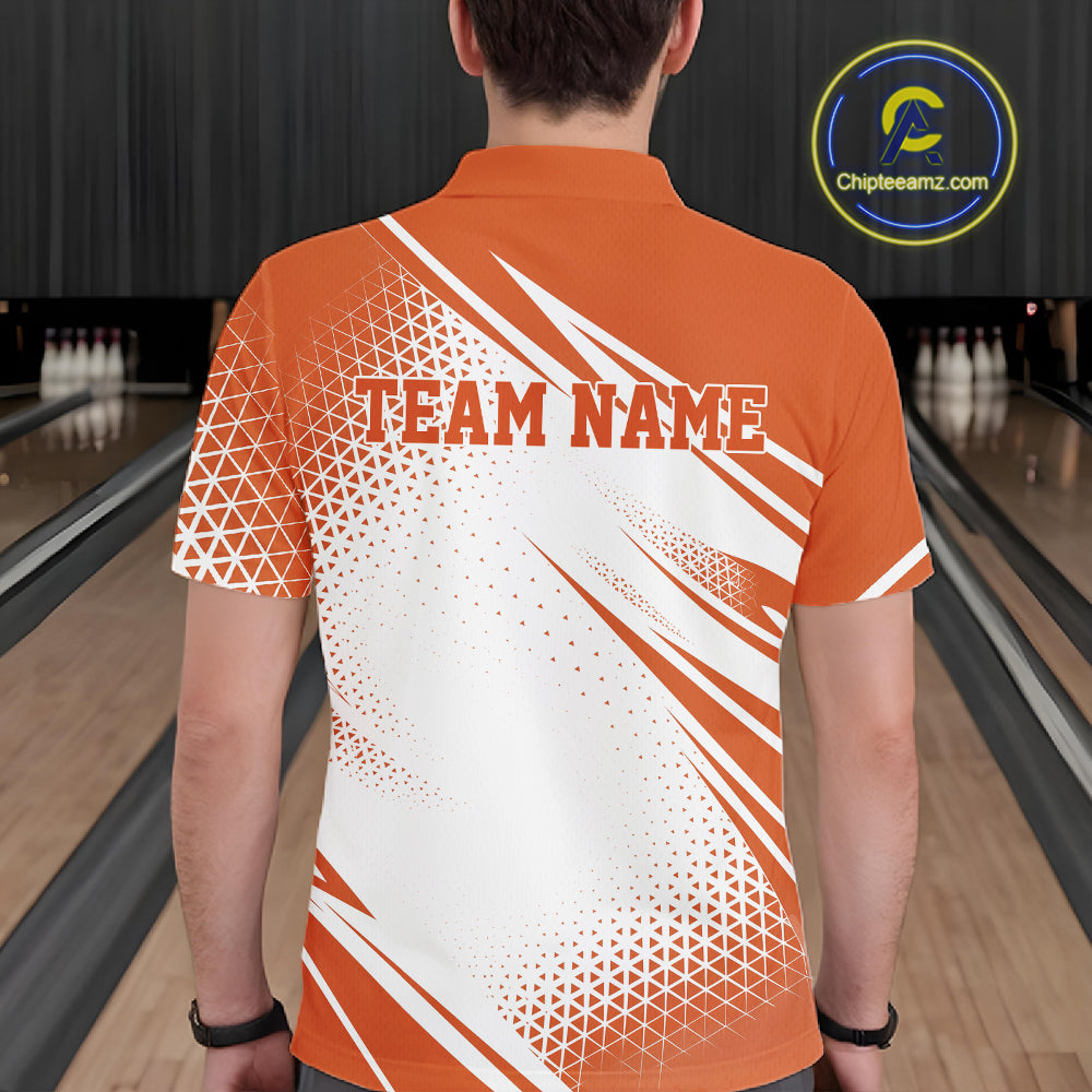 Custom White And Orange Geometric Classic Retro Bowling League Men Polo Shirt For Team IPHW12066