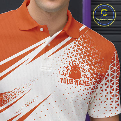 Custom White And Orange Geometric Classic Retro Bowling League Men Polo Shirt For Team IPHW12066