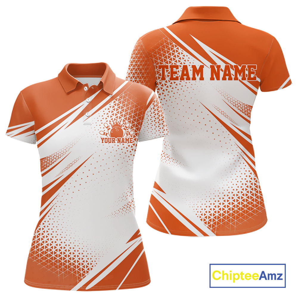 Custom White And Orange Geometric Classic Retro Bowling League Women Polo Shirt For Team IPHW12066