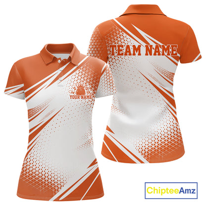 Custom White And Orange Geometric Classic Retro Bowling League Women Polo Shirt For Team IPHW12066