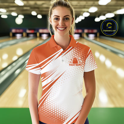 Custom White And Orange Geometric Classic Retro Bowling League Women Polo Shirt For Team IPHW12066