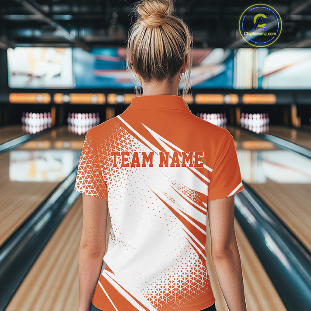 Custom White And Orange Geometric Classic Retro Bowling League Women Polo Shirt For Team IPHW12066