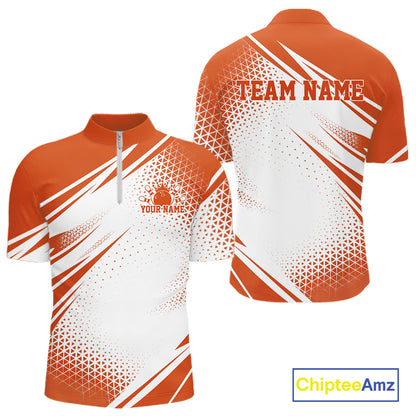 Custom White And Orange Geometric Classic Retro Bowling League Men Quarter Zip Shirt For Team IPHW12066