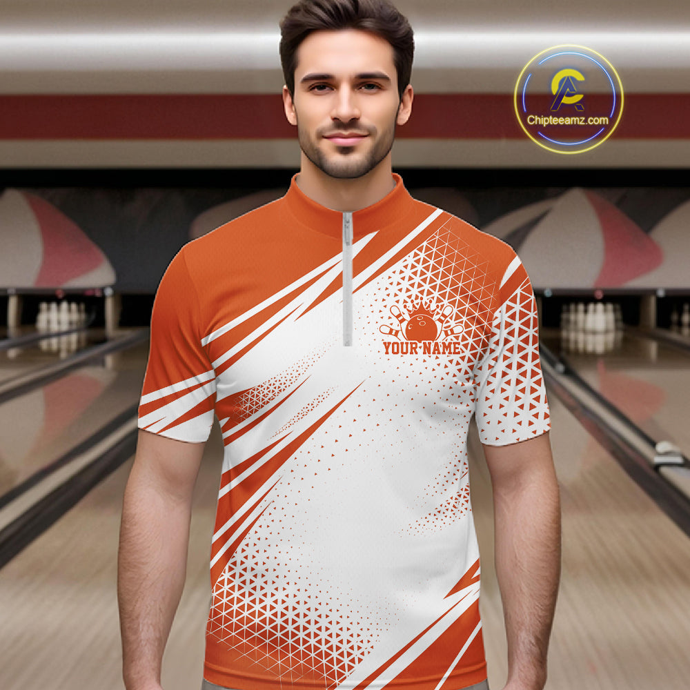 Custom White And Orange Geometric Classic Retro Bowling League Men Quarter Zip Shirt For Team IPHW12066