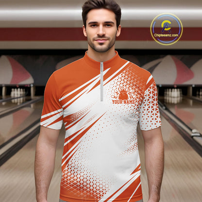 Custom White And Orange Geometric Classic Retro Bowling League Men Quarter Zip Shirt For Team IPHW12066