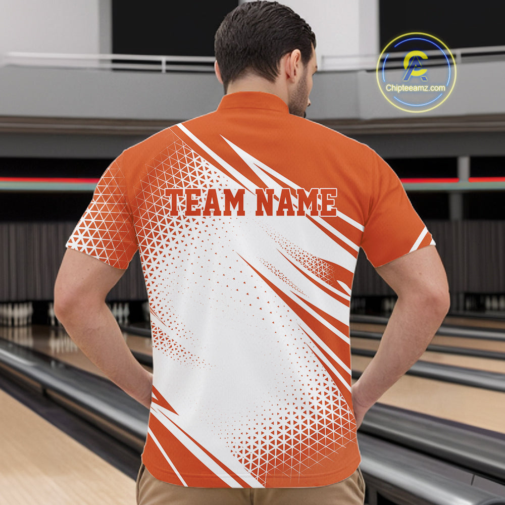 Custom White And Orange Geometric Classic Retro Bowling League Men Quarter Zip Shirt For Team IPHW12066