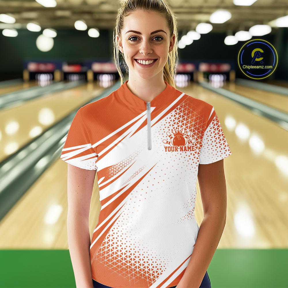 Custom Orange Geometric Classic Retro Bowling League Women Quarter-Zip Shirt For Team IPHW12066