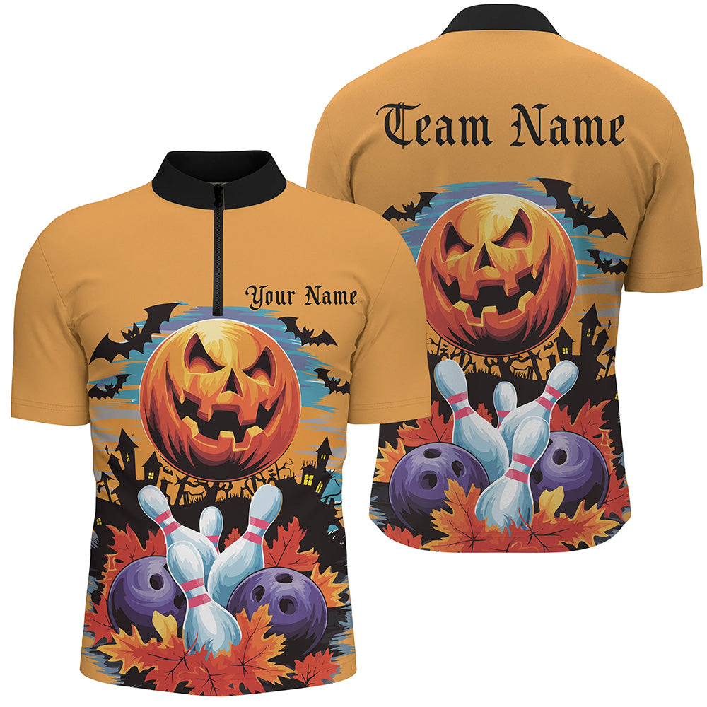 Custom Halloween Bowling Shirts For Men, Pumpkin Bowling Ball Bowling Team Halloween Outfit IPHW7629