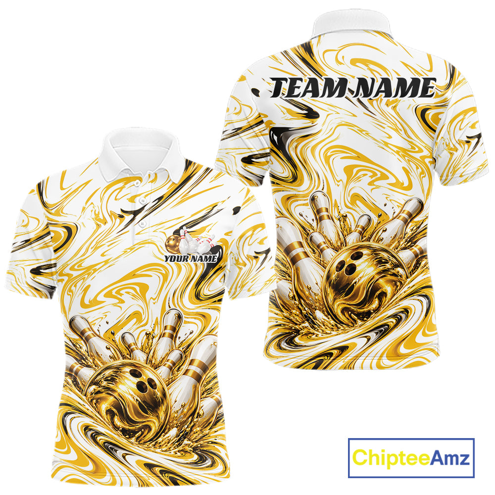 Custom White And Gold Marble Pattern Bowling Team Men Polo, Bowling League Shirt IPHW12824