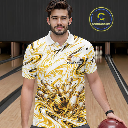 Custom White And Gold Marble Pattern Bowling Team Men Polo, Bowling League Shirt IPHW12824