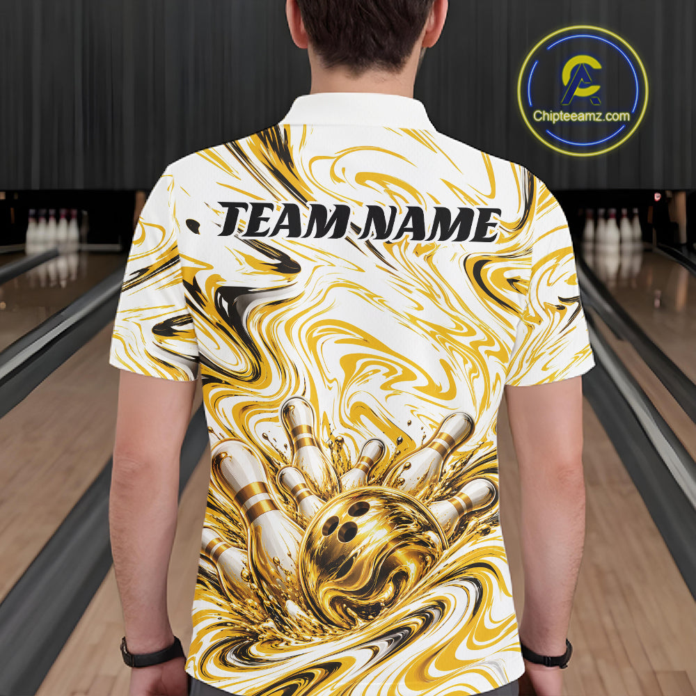 Custom White And Gold Marble Pattern Bowling Team Men Polo, Bowling League Shirt IPHW12824