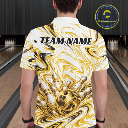 Custom White And Gold Marble Pattern Bowling Team Men Polo, Bowling League Shirt IPHW12824