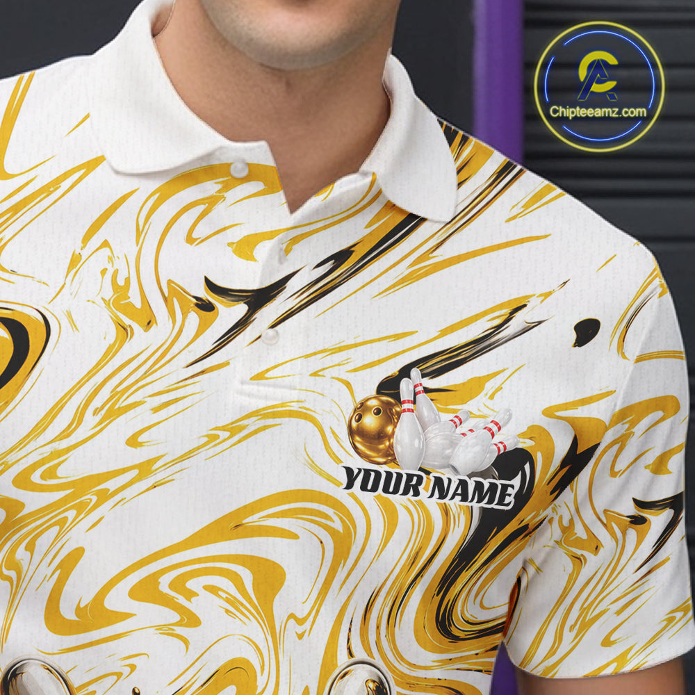 Custom White And Gold Marble Pattern Bowling Team Men Polo, Bowling League Shirt IPHW12824
