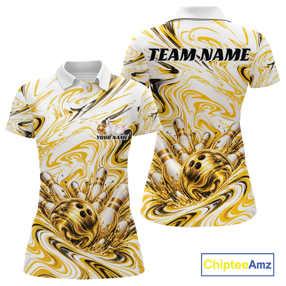 Custom White And Gold Marble Pattern Bowling Team Women Polo, Bowling League Shirt IPHW12824