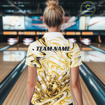 Custom White And Gold Marble Pattern Bowling Team Women Polo, Bowling League Shirt IPHW12824