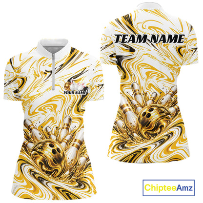 Custom White And Gold Marble Bowling Team Women Quarter-Zip, Bowling League Shirt IPHW12824
