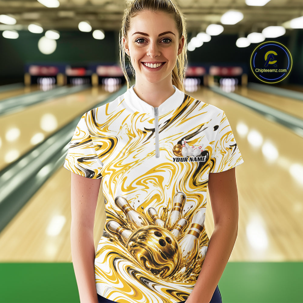 Custom White And Gold Marble Bowling Team Women Quarter-Zip, Bowling League Shirt IPHW12824