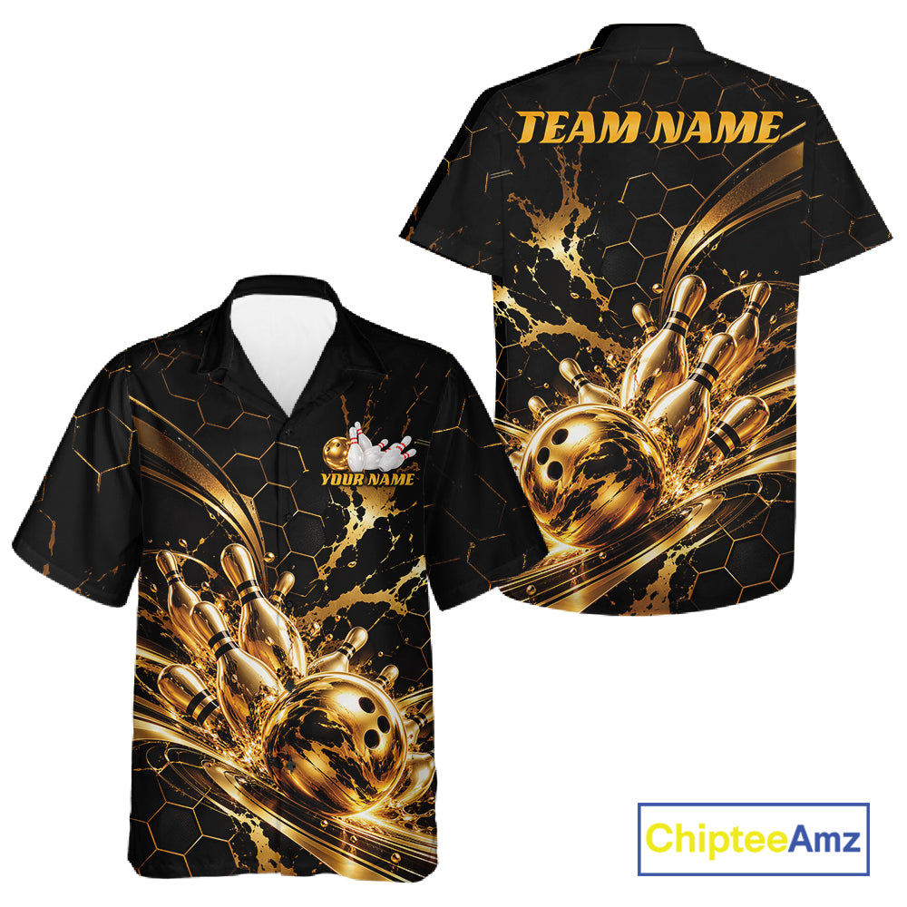 Custom Black And Gold Hexagon Bowling Team Men And Women Button Up, Honeycomb Bowling Shirt IPHW12826
