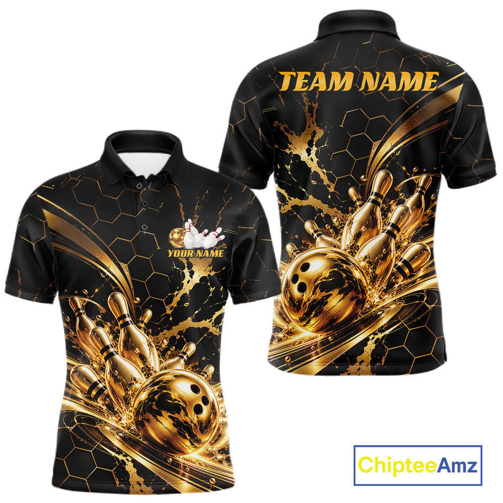 Custom Black And Gold Hexagon Bowling Team Men Polo, Honeycomb Bowling Shirt IPHW12826