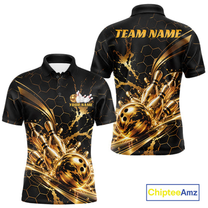 Custom Black And Gold Hexagon Bowling Team Men Polo, Honeycomb Bowling Shirt IPHW12826