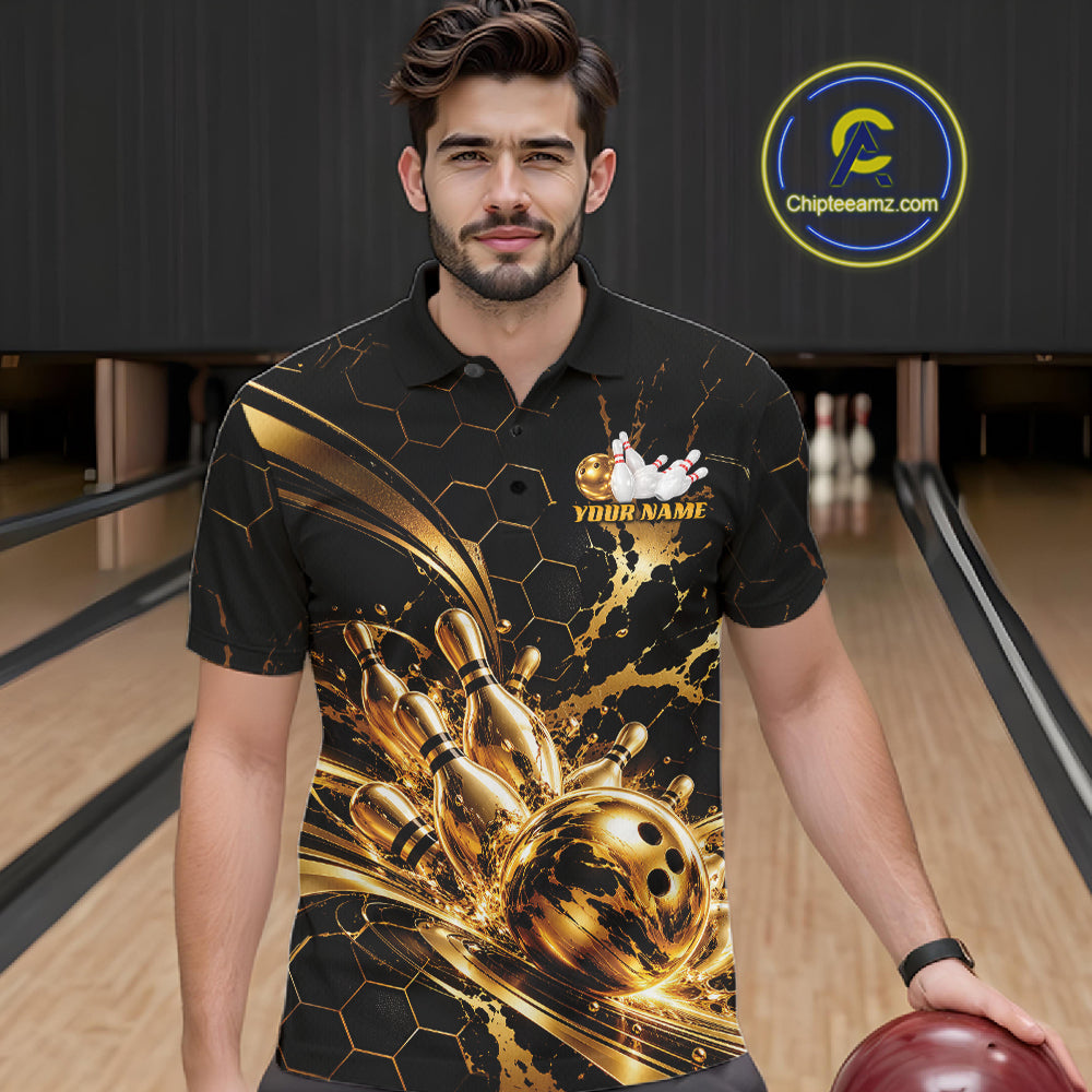 Custom Black And Gold Hexagon Bowling Team Men Polo, Honeycomb Bowling Shirt IPHW12826