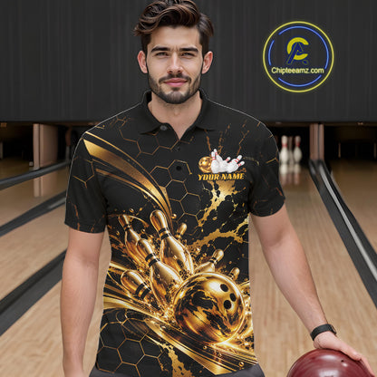 Custom Black And Gold Hexagon Bowling Team Men Polo, Honeycomb Bowling Shirt IPHW12826