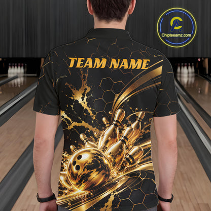Custom Black And Gold Hexagon Bowling Team Men Polo, Honeycomb Bowling Shirt IPHW12826